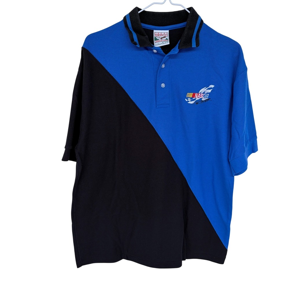 Vintage 90s‎ Colorblock NASCAR Polo Shirt Large Made in USA Black Blue Racing